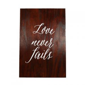 Sign Dark Wood Corinthians Love Never Fails, My Pretty Vintage Wedding Stylists, Event Planners & Décor Hire, located in Paarl