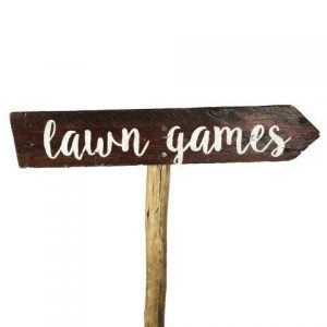Sign Dark Wood Lawn Games Curvy Right, My Pretty Vintage Wedding Stylists, Event Planners & Décor Hire, located in Paarl