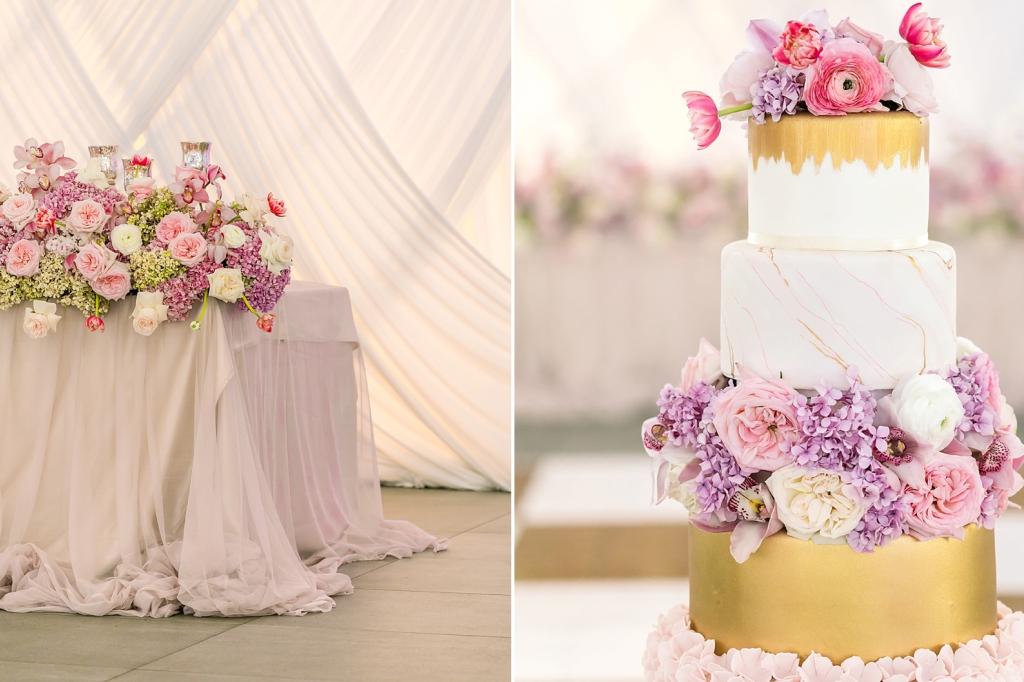 Wedding Cake Pastel Pinks Bridal table Hydrangeas Roses Orchids Tulips Orchids