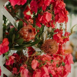 Hanging Ceiling flowers + Rich Spicy Bougainvillea & Protea Arches