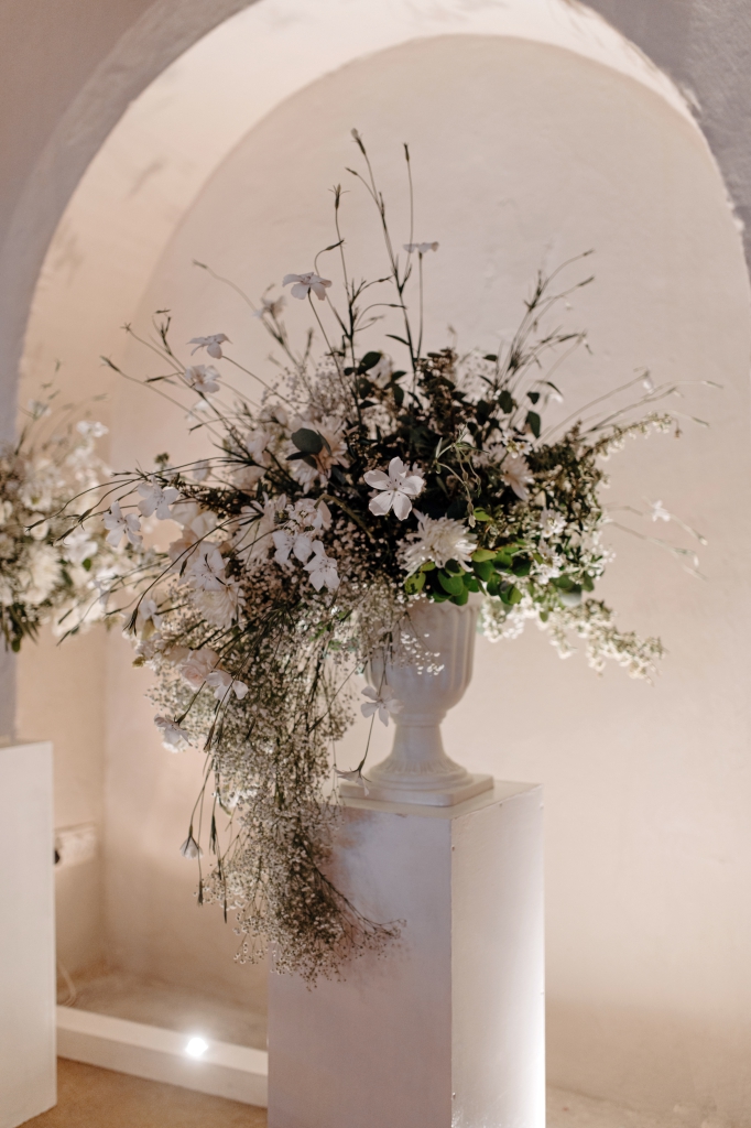 My Pretty Vintage Paarl Wedding Event Décor Hire: Ceiling Draping, Bridal Tablescape with White Flower Filled Urns and Arch Backdrop, Table Décor, Candle Decoration, Green White Roses, White Irisis, White Chrysanthanums, White Chinks, & Gypsophila